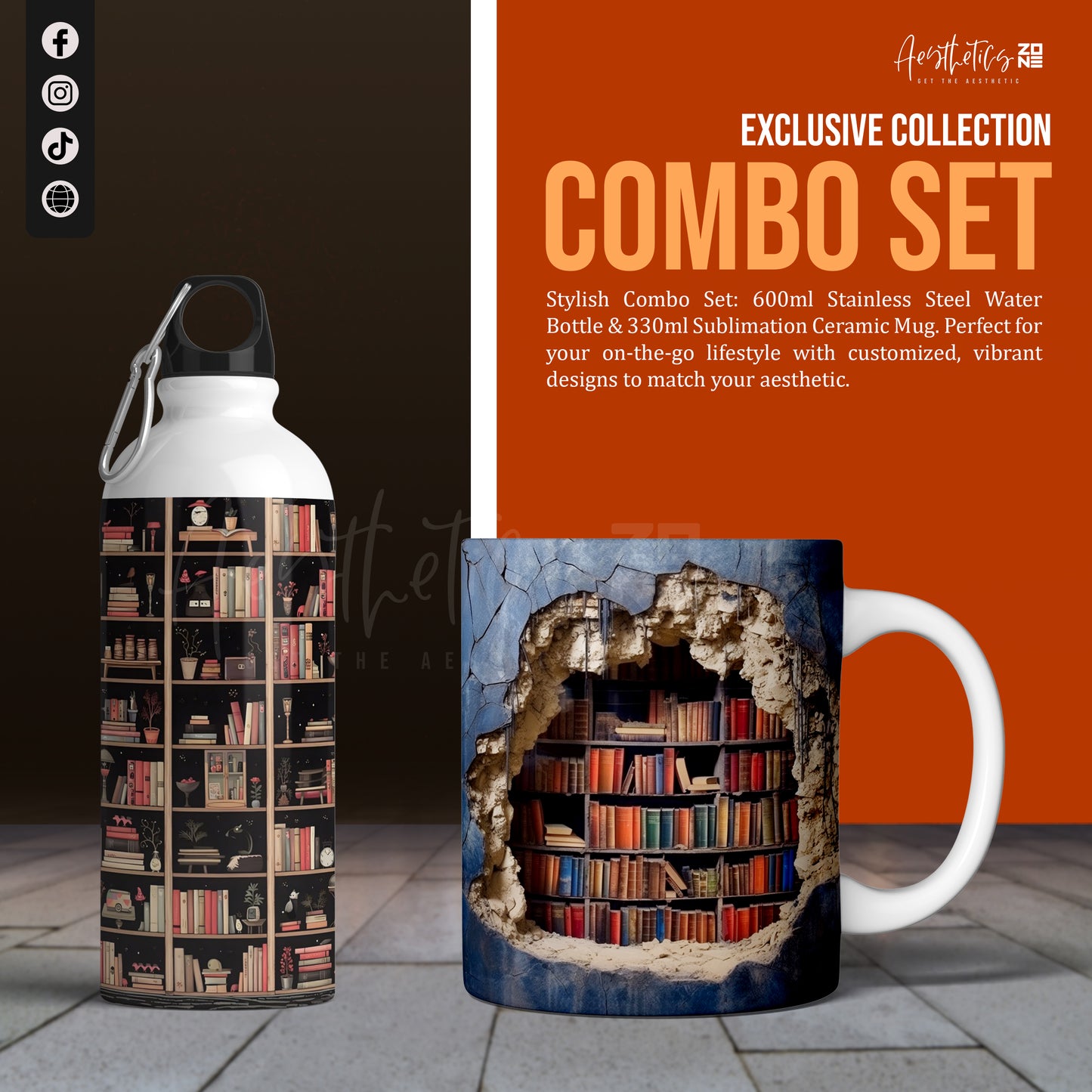 Bibliophile’s Delight – 3D Bookshelf Mug & Bottle Combo