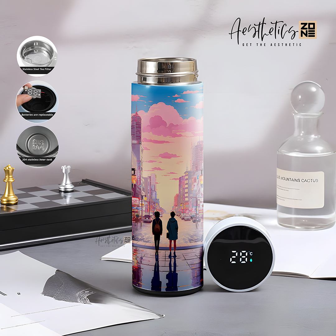 A vaporwave cityscape anime design water bottles