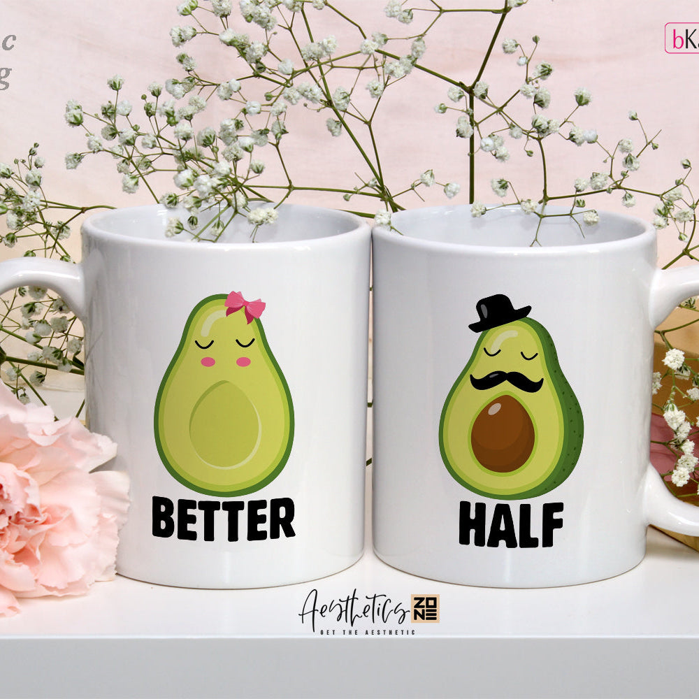 Two mugs with avocado designs and text 'Better Half' on a decorative background.