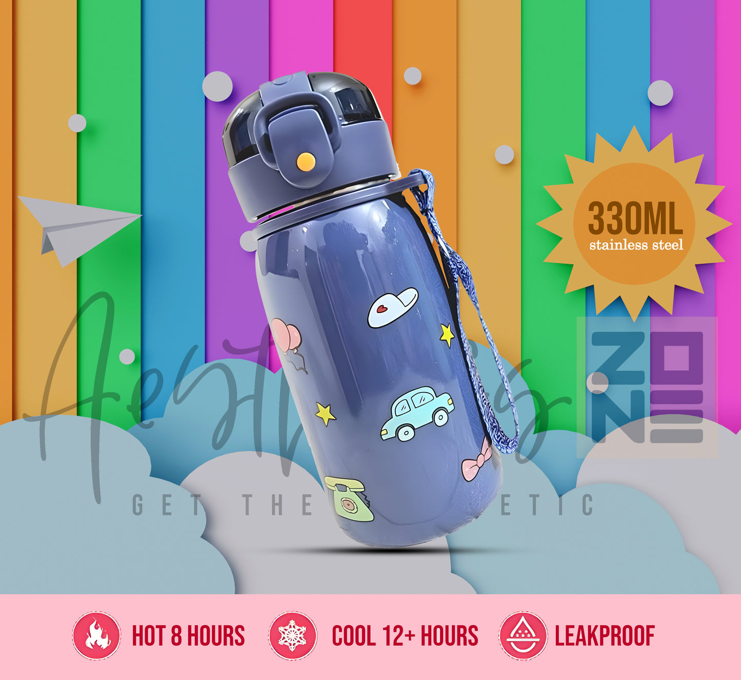 Cute Kids Thermal Water Bottle 330ml – Keeps Drinks Hot or Cold 8+ Hours
