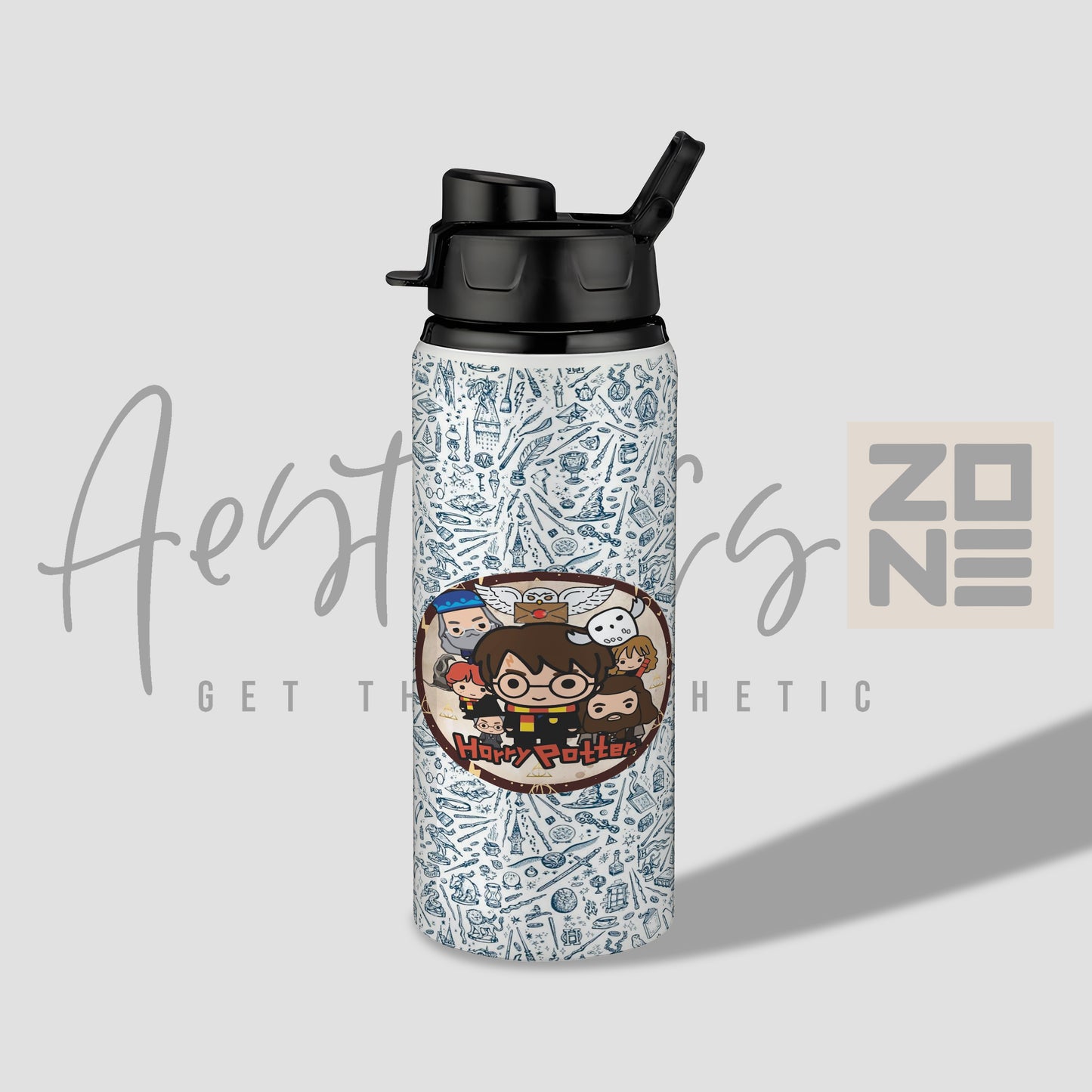 Water bottle with character design on a light gray background
