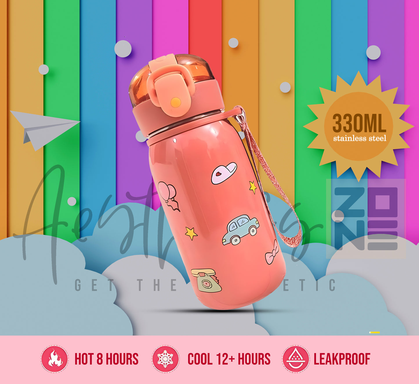 Cute Kids Thermal Water Bottle 330ml – Keeps Drinks Hot or Cold 8+ Hours