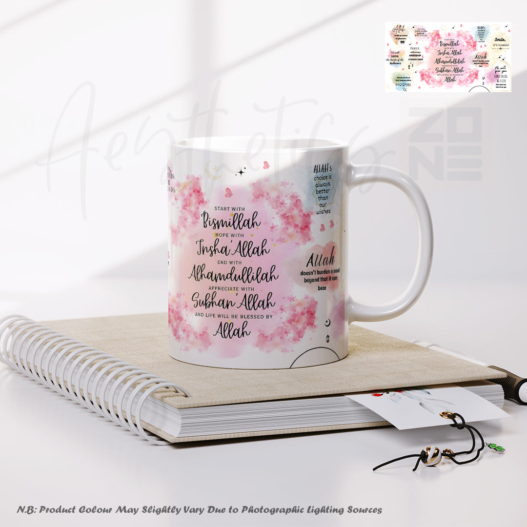 Mug with floral design and text on a notebook with a white background