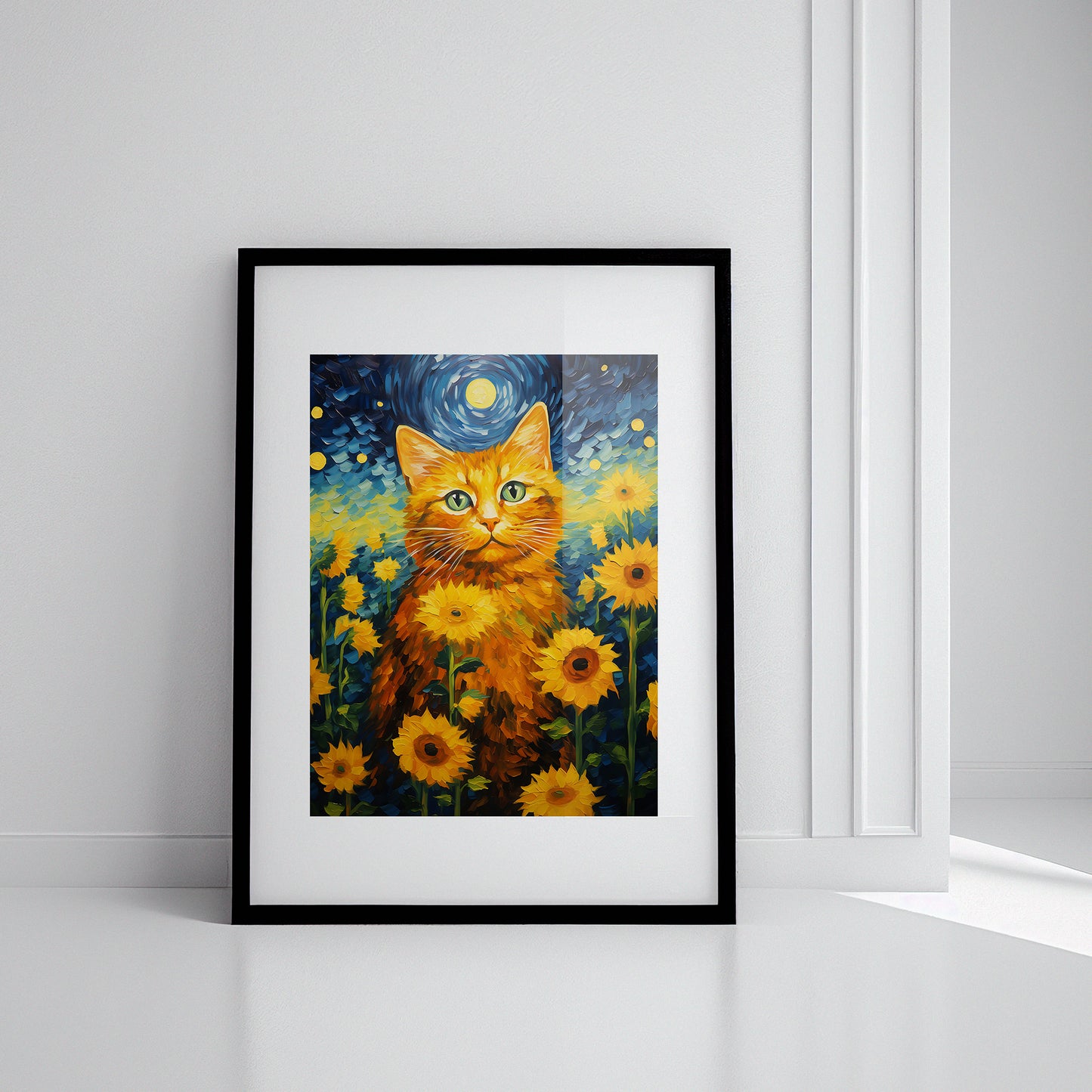 Starry Night Sunflower & Cat – Artistic Framed Wall Art