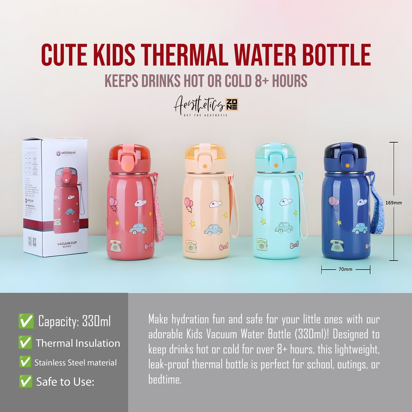 Cute Kids Thermal Water Bottle 330ml – Keeps Drinks Hot or Cold 8+ Hours