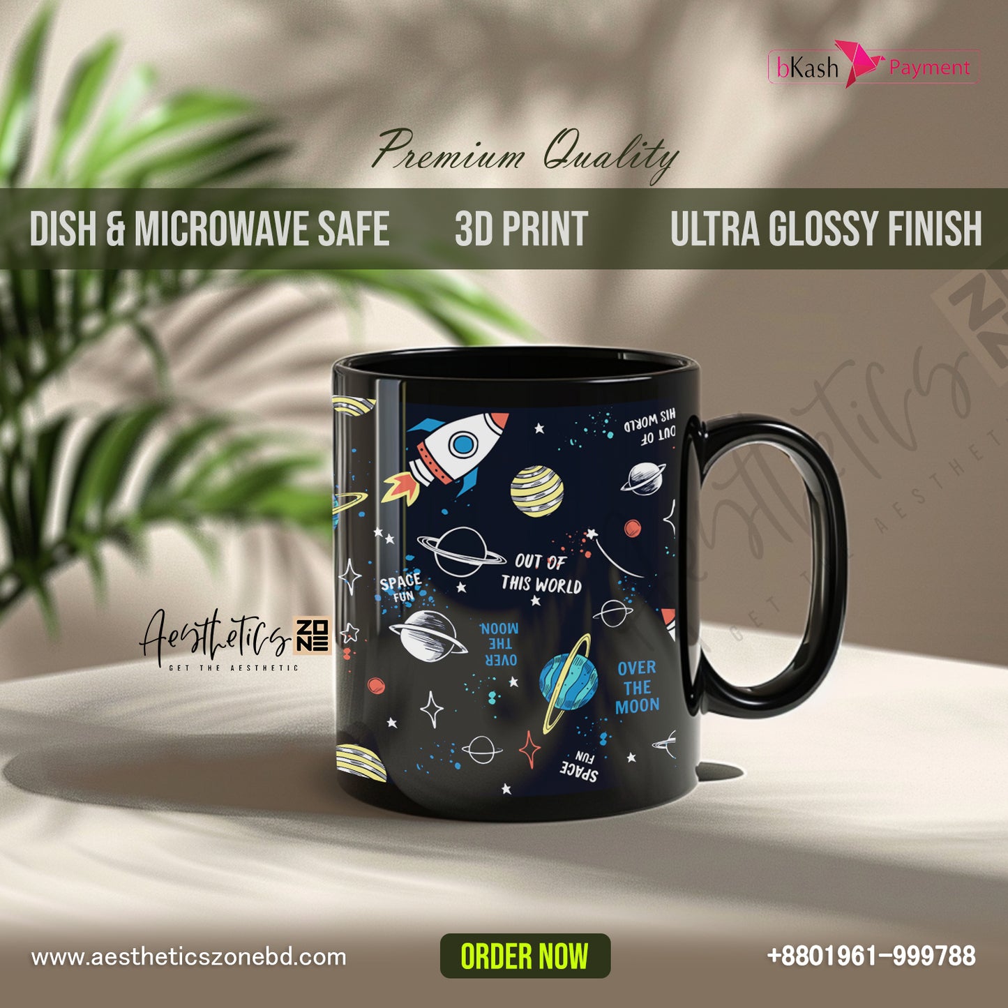 For astronaut our special design black glossy mugs