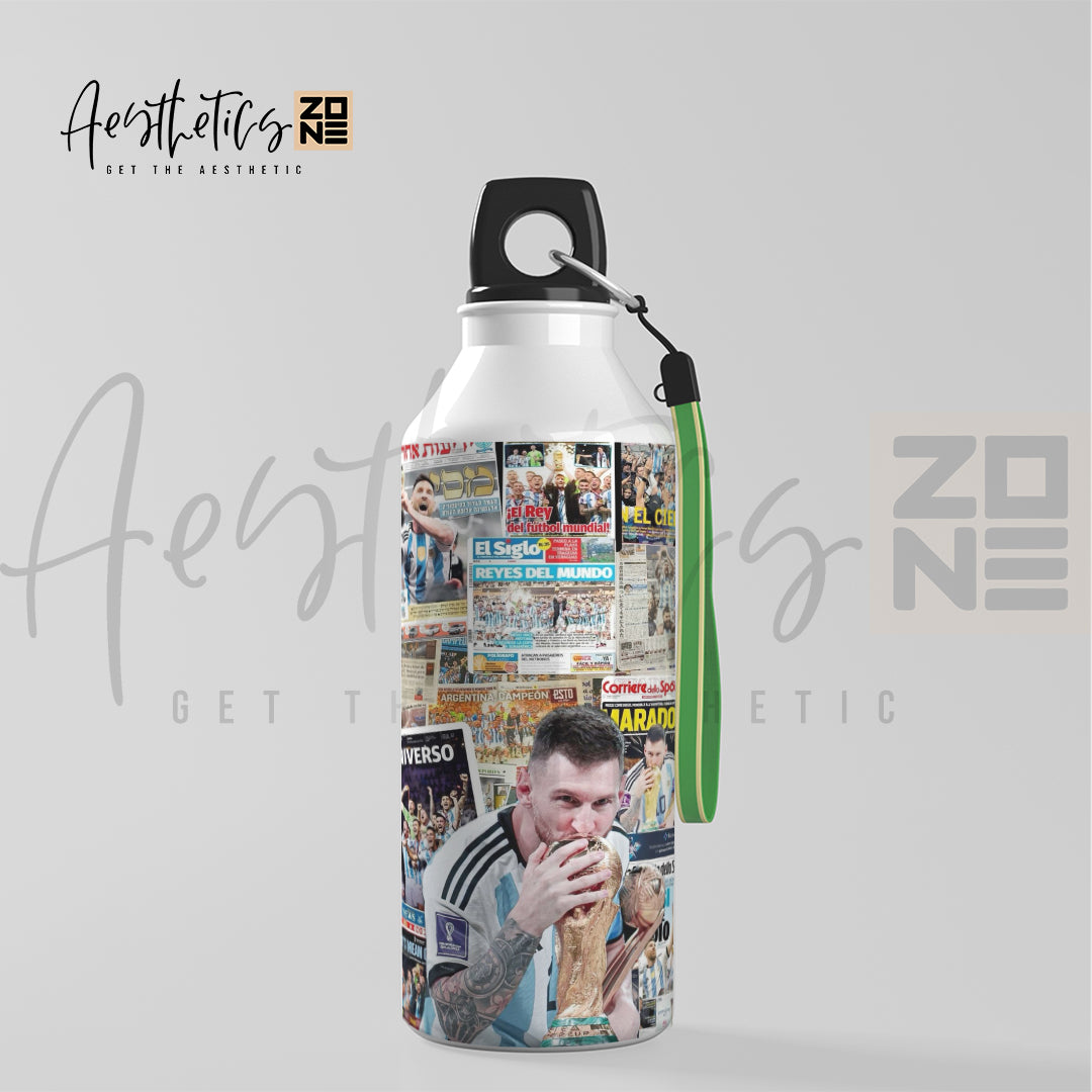 Water bottle with collage design on a light gray background