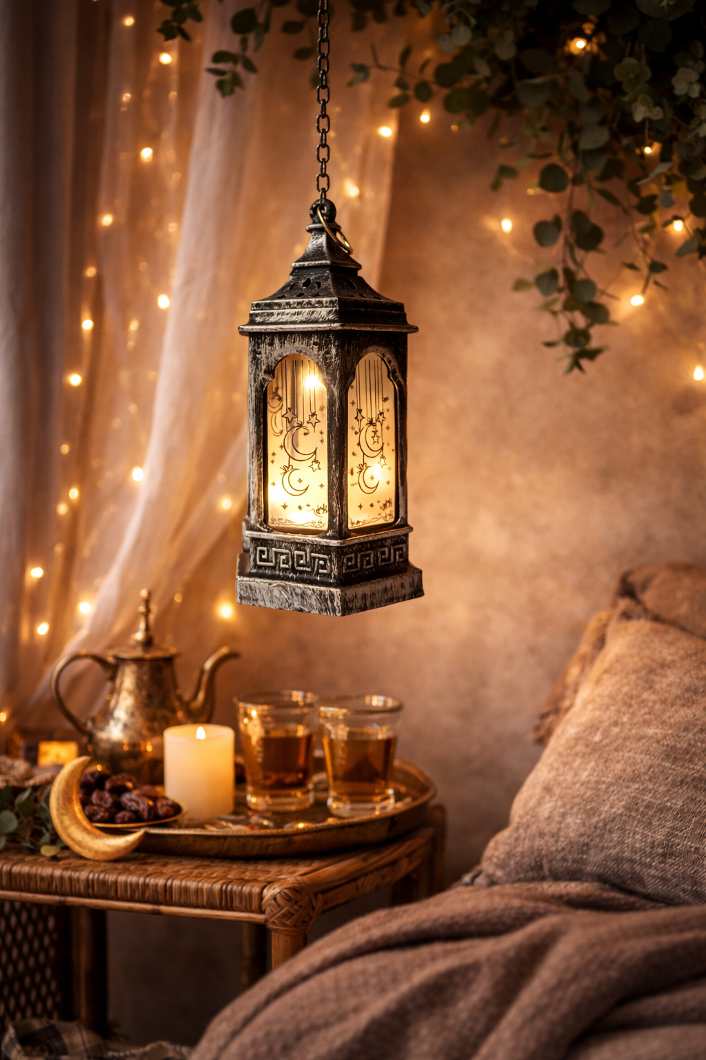 Decorative lantern hanging above a table with drinks and candles in a cozy room.