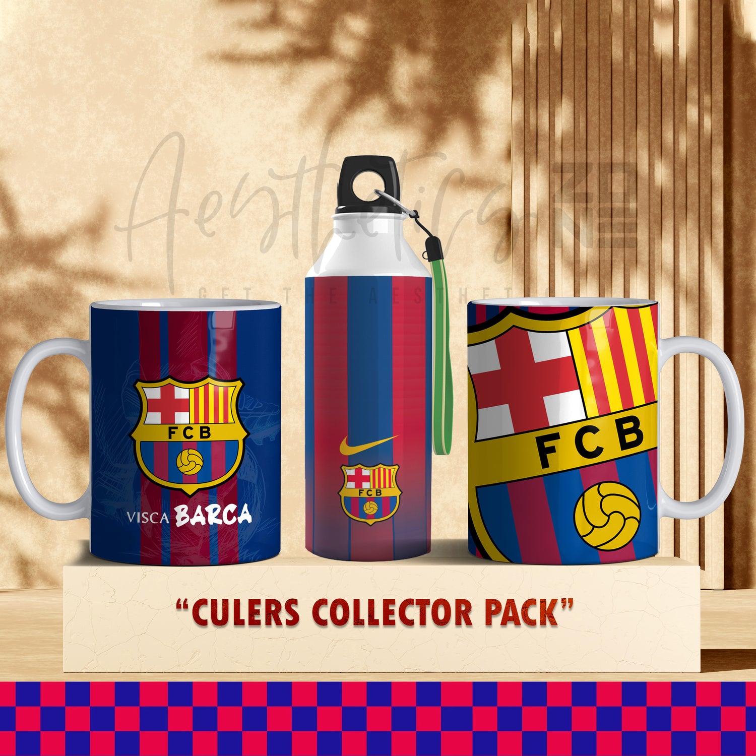 FC Barcelona-themed mug, water bottle, and pouch set on a wooden surface with 'Culers Collector Pack' text.