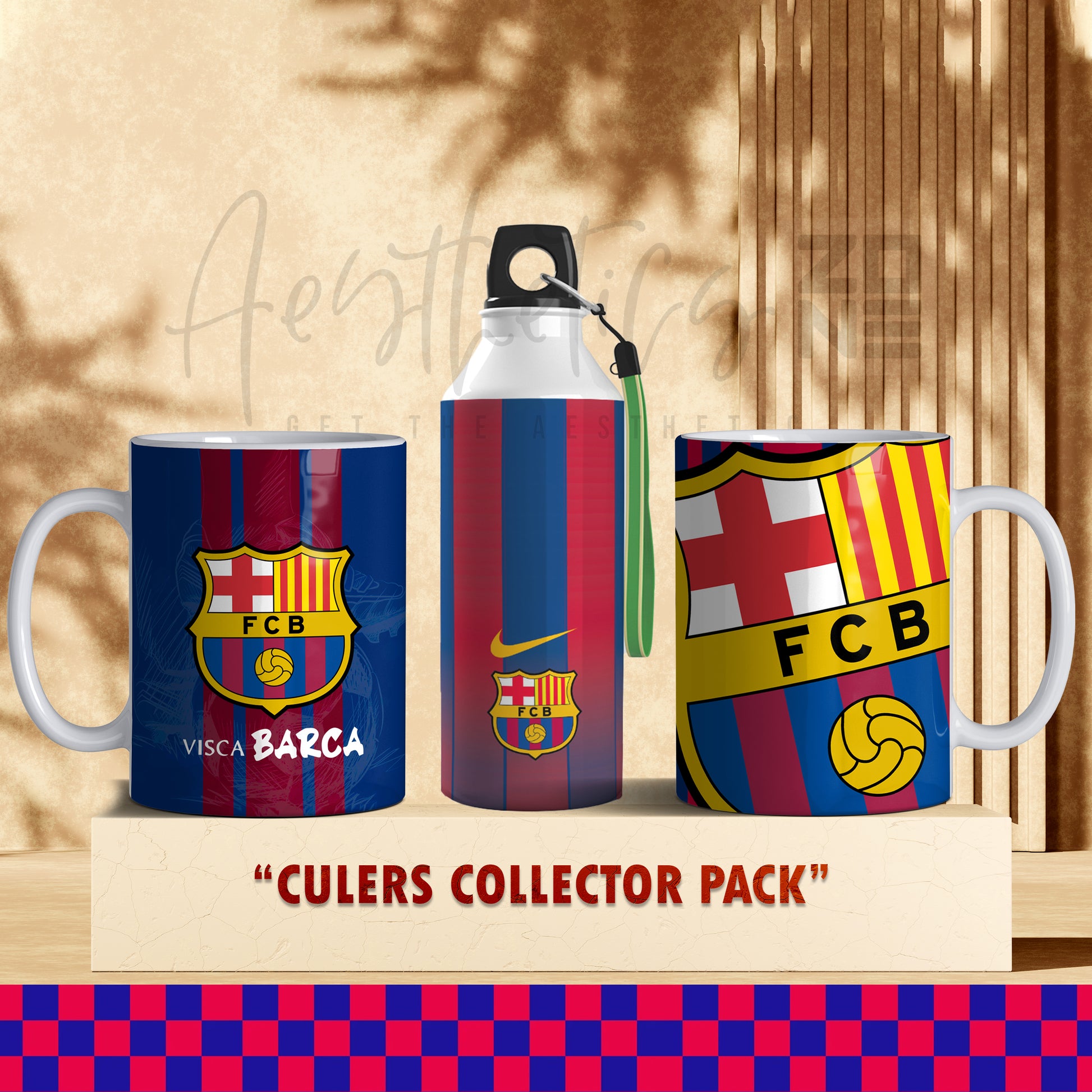 FC Barcelona-themed mug, water bottle, and pouch set on a wooden surface with 'Culers Collector Pack' text.