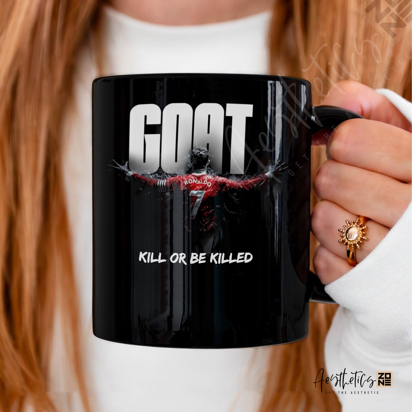 GOAT Mentality — Ronaldo Edition PREMIUM Black ultra glossy mugs with free key rings