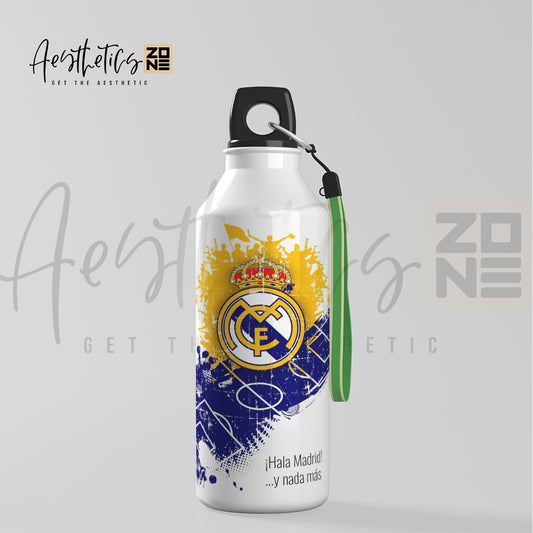 Water bottle with Real Madrid logo on a light gray background
