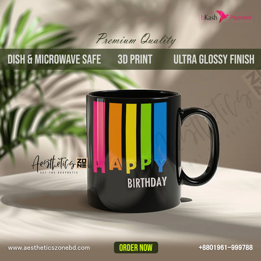 Happy birthday design black glossy mugs