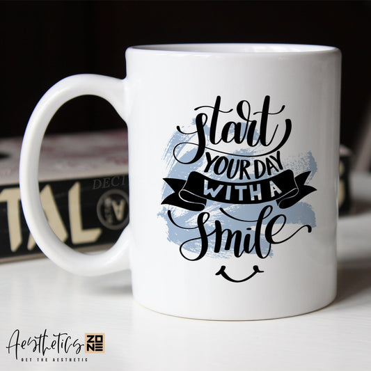 White coffee mug with motivational quote on a blurred background