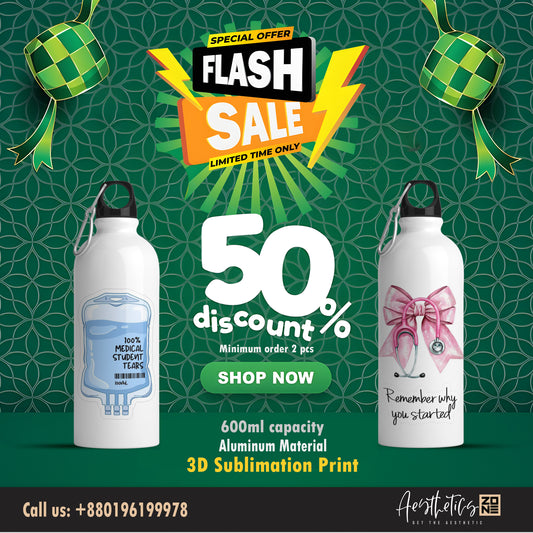 Promotional poster for a flash sale with water bottles and decorative elements on a green background.