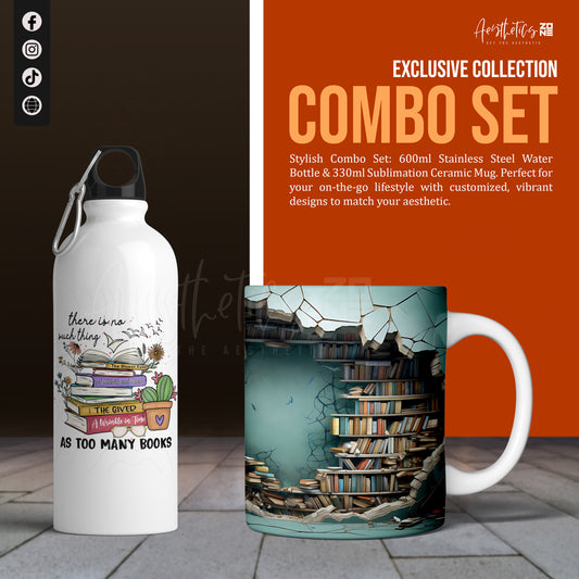 Stainless steel water bottle and ceramic mug with book-themed design on a tiled floor.