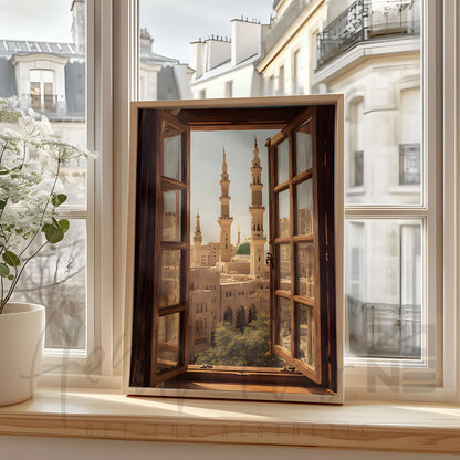 A Window to Peace – Serene Mosque View Framed Wall Art