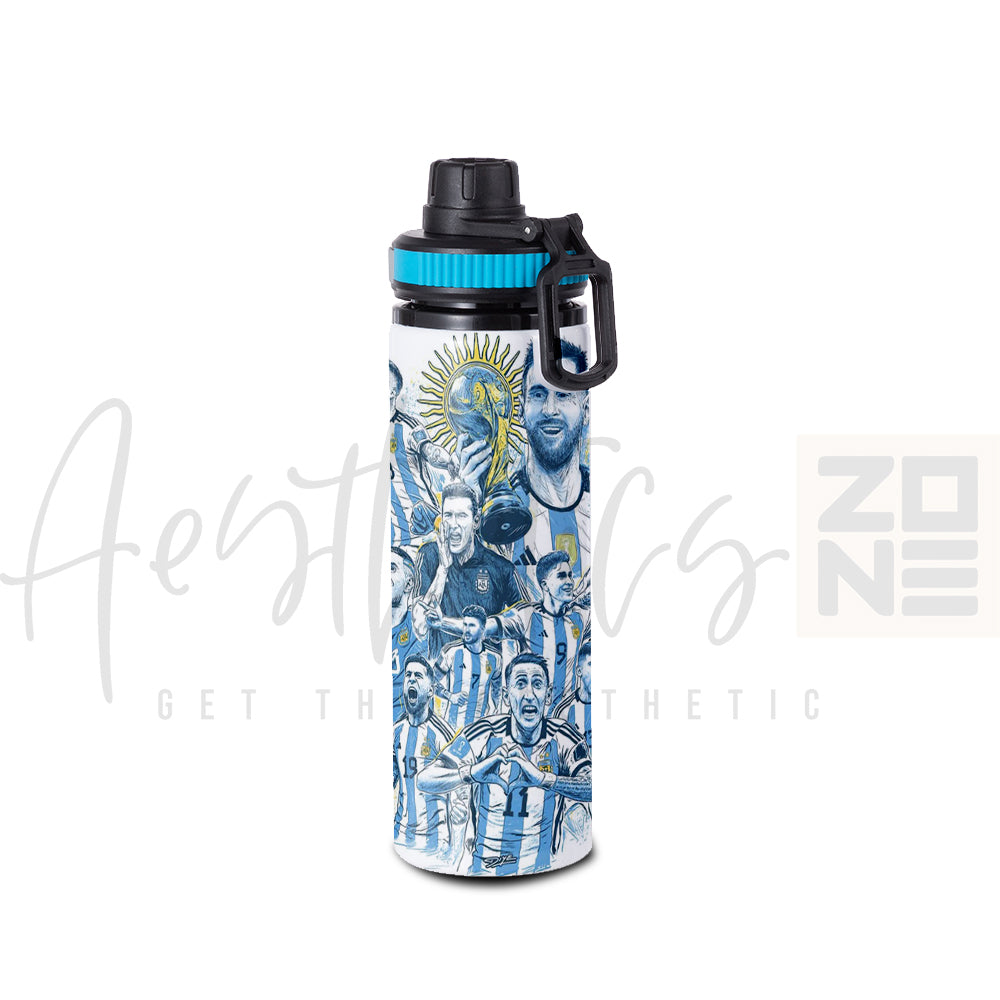 Water bottle with a collage design of a sports team on a white background