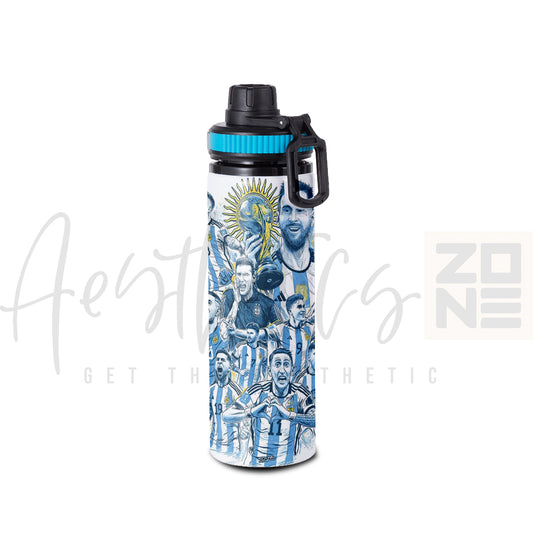 Water bottle with a collage design of a sports team on a white background