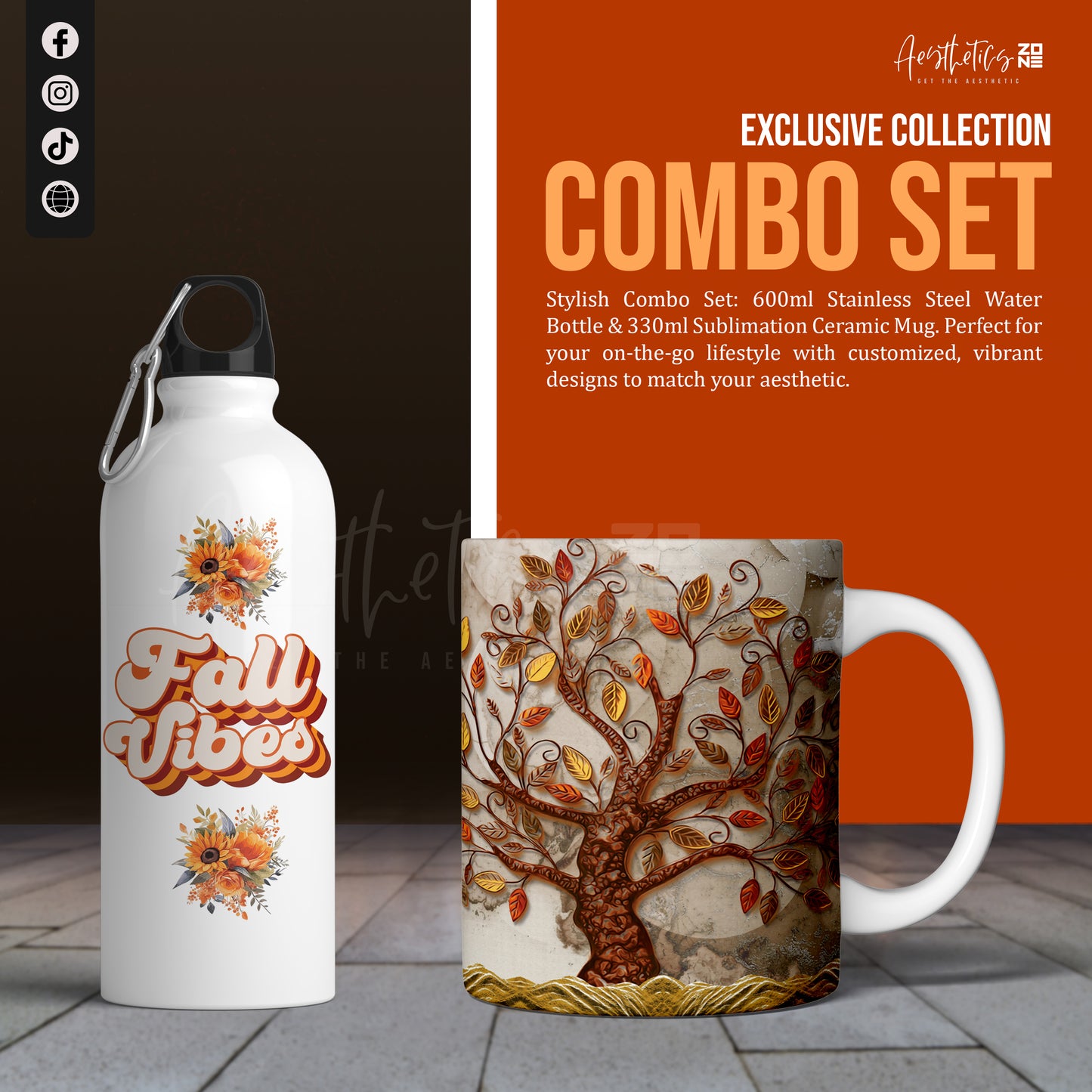 3D Aesthetic tree design mugs and fall vibes bottle combo