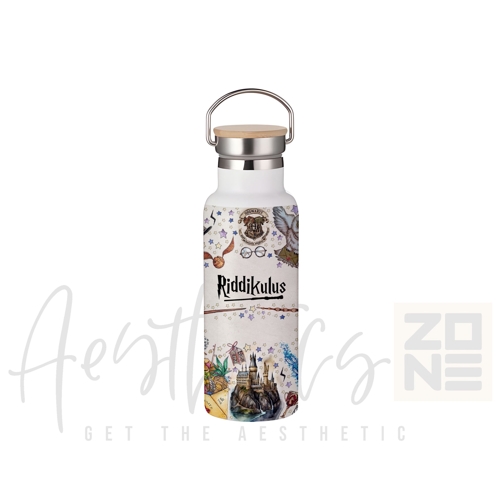 White water bottle with colorful design and 'Riddikulus' branding on a white background