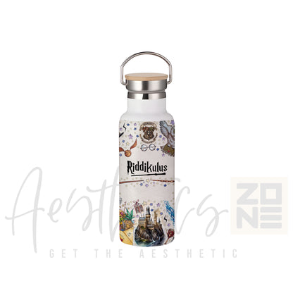 White water bottle with colorful design and 'Riddikulus' branding on a white background