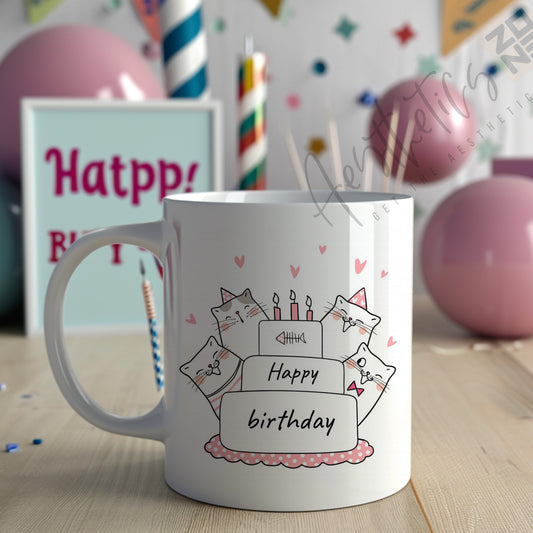 🎉 Cake & Whiskers – Cat Birthday Mug Edition 🍰🐱