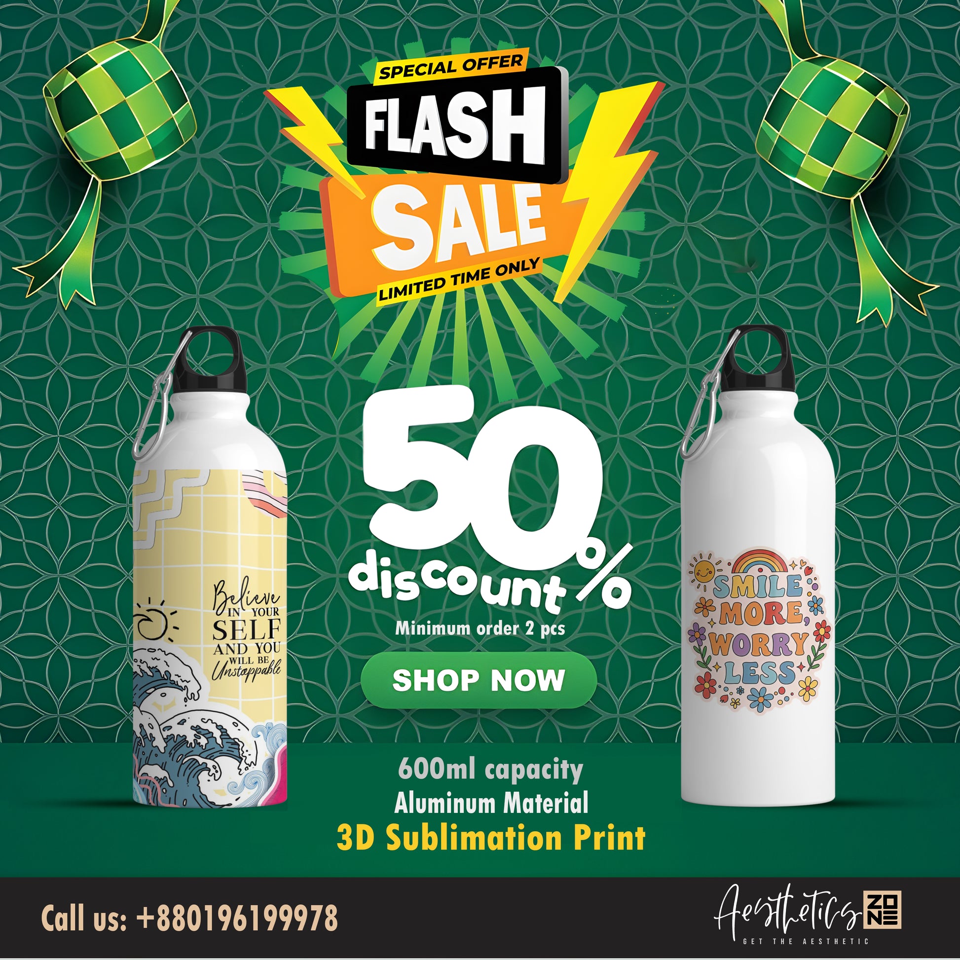 Promotional poster for a flash sale with water bottles and decorative elements on a green background.