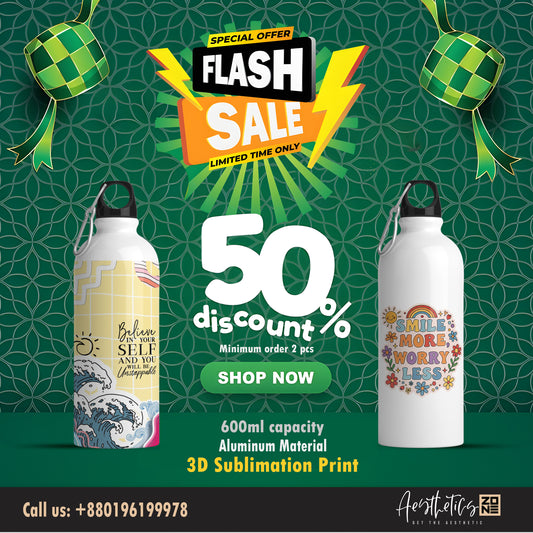 Promotional poster for a flash sale with water bottles and decorative elements on a green background.