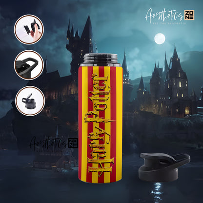 Yellow and red striped water bottle with 'Harry Potter' text against a dark castle background
