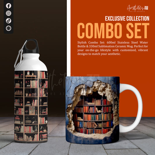 Bibliophile’s Delight – 3D Bookshelf Mug & Bottle Combo