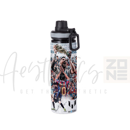 Water bottle with soccer player design and Messi branding on a white background