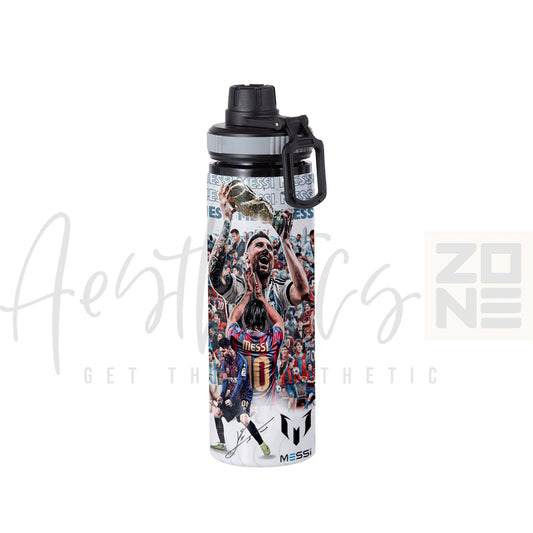 Water bottle with soccer player design and Messi branding on a white background