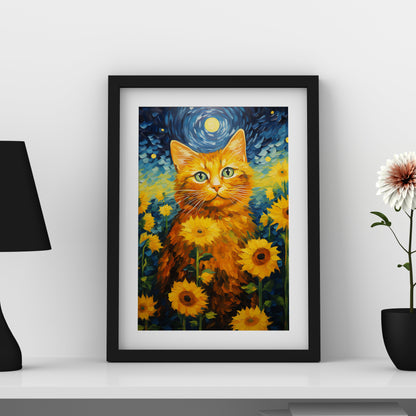 Starry Night Sunflower & Cat – Artistic Framed Wall Art