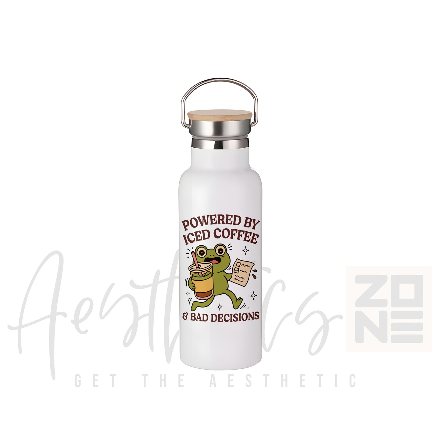 White water bottle with a frog graphic and text on a white background