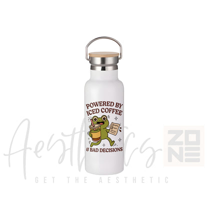 White water bottle with a frog graphic and text on a white background