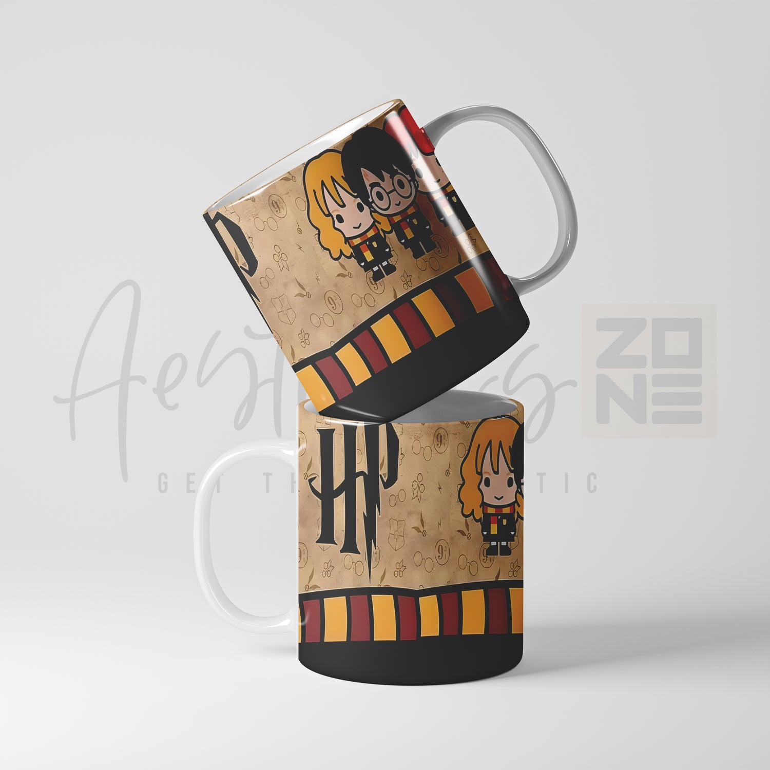 Mug with Harry Potter design featuring characters and logo on a beige background
