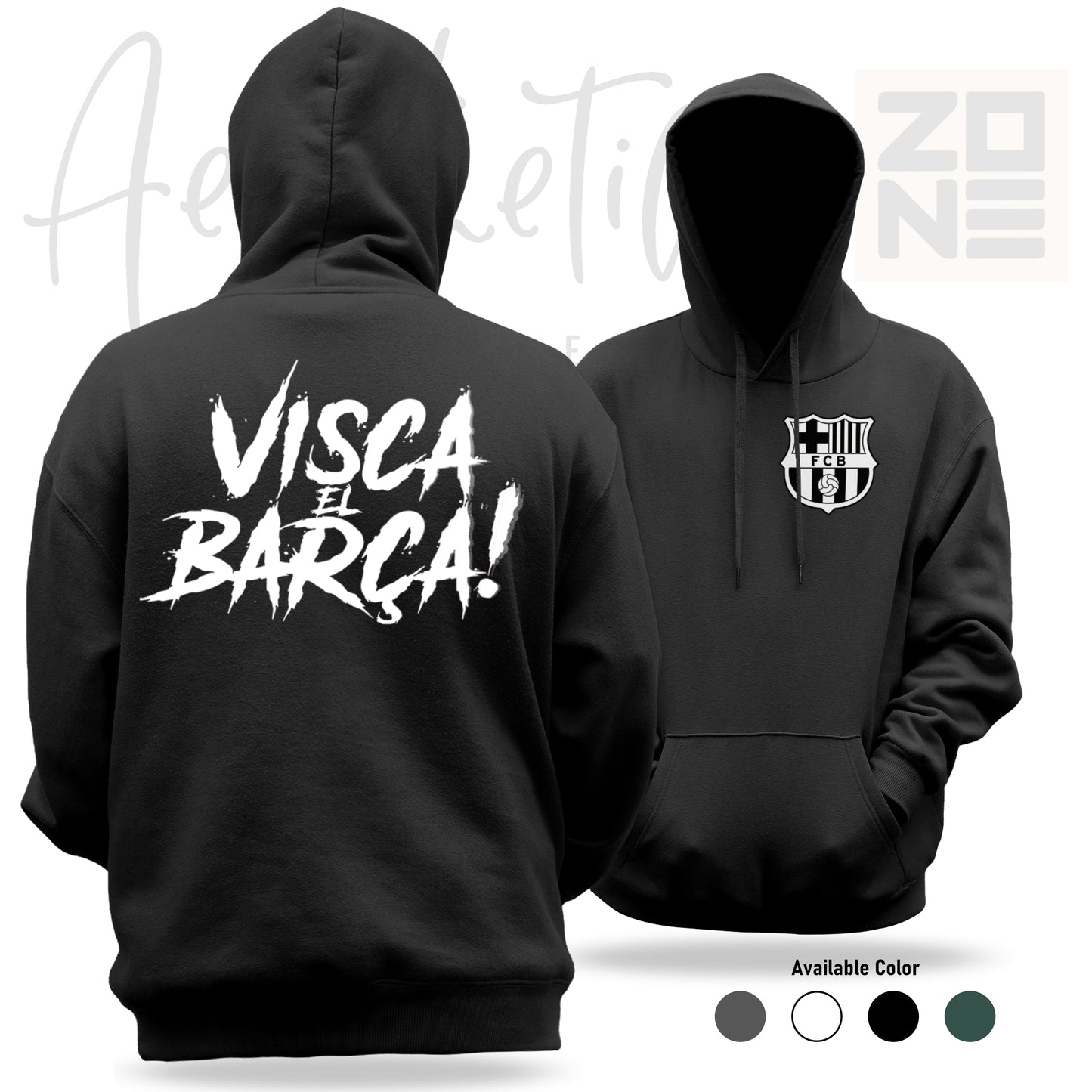 Black hoodie with 'Visca el Barca!' text on the back and club logo on the front, displayed from two angles.