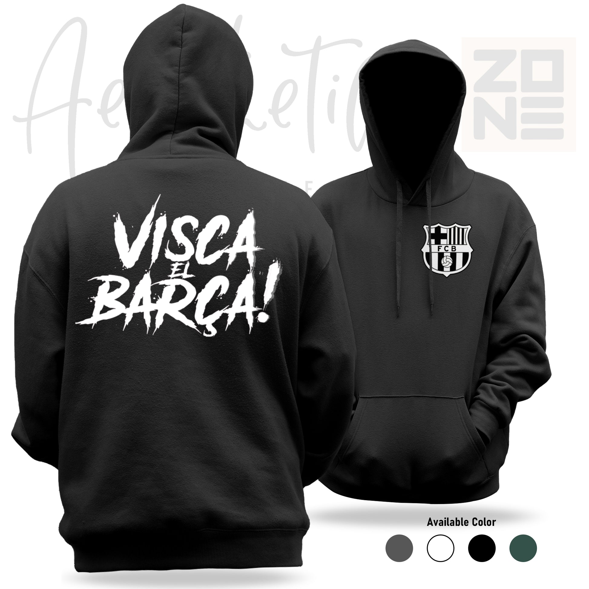 Black hoodie with 'Visca el Barca!' text on the back and club logo on the front, displayed from two angles.
