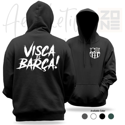Black hoodie with 'Visca el Barca!' text on the back and club logo on the front, displayed from two angles.