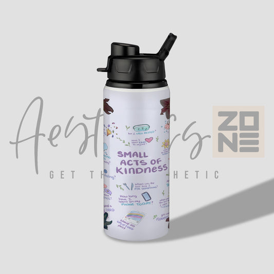 Water bottle with 'Small Acts of Kindness' text on a light gray background