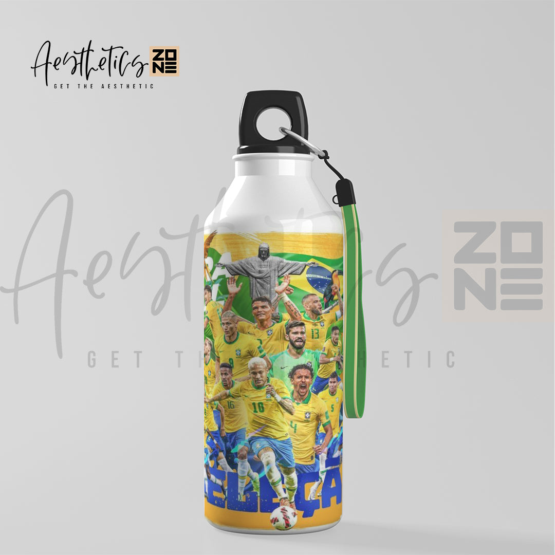 Water bottle with Brazilian soccer team design on a light gray background