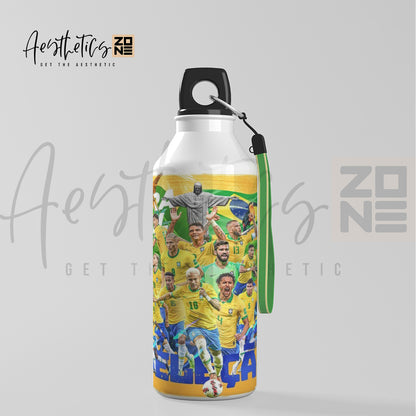 Water bottle with Brazilian soccer team design on a light gray background