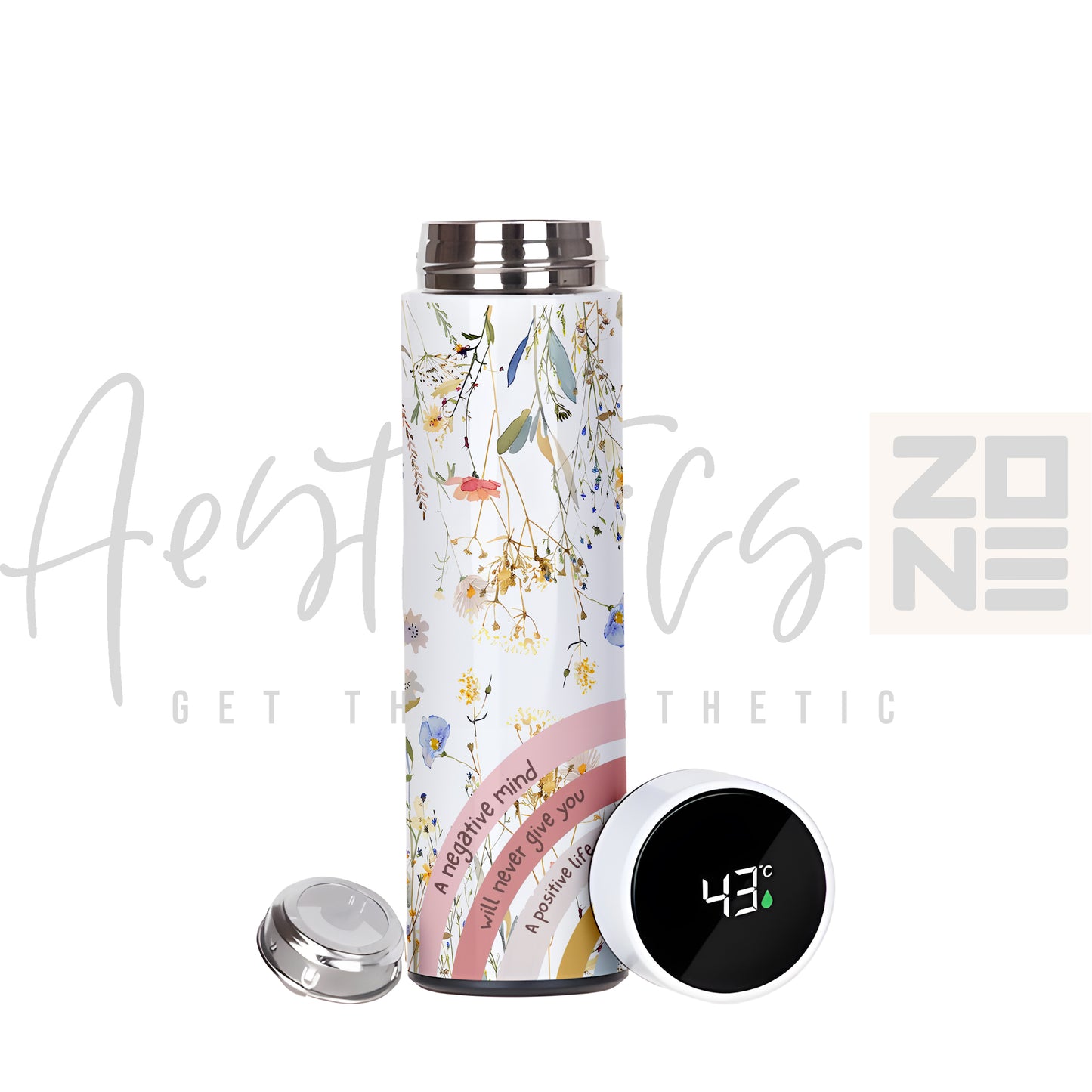 Floral-patterned thermos bottle with digital temperature display on a white background