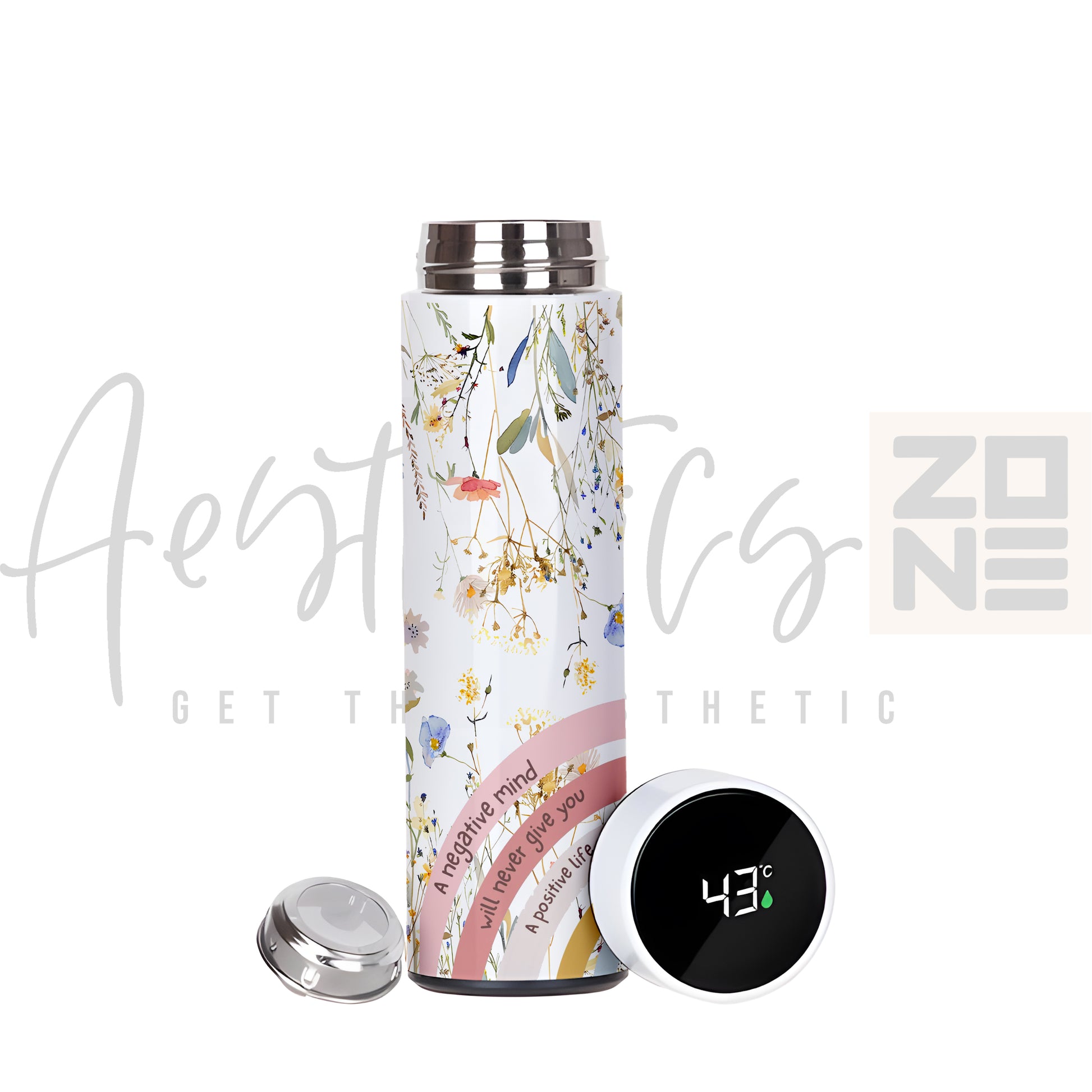 Floral-patterned thermos bottle with digital temperature display on a white background