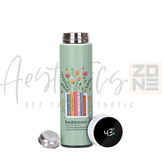 Thermos bottle with floral design and digital temperature display on a white background