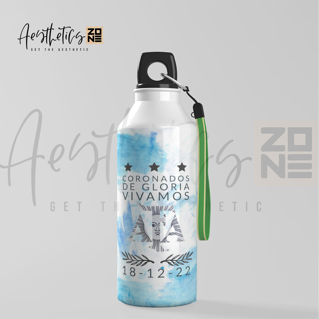 Water bottle with decorative design and text on a light gray background