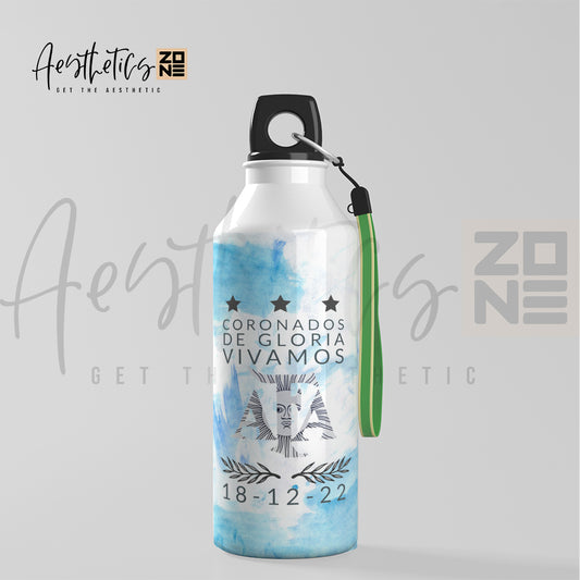 Water bottle with decorative design and text on a light gray background