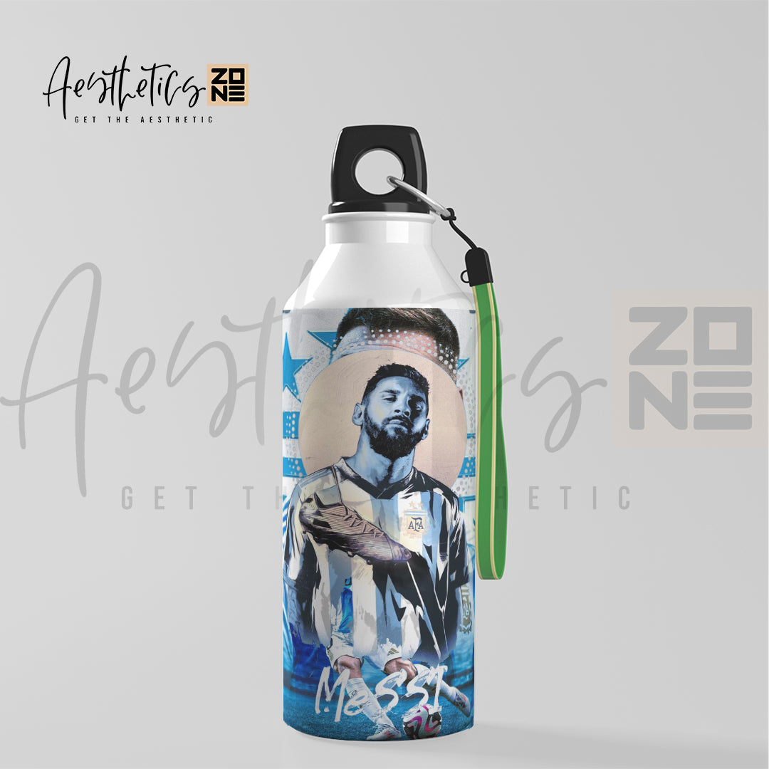 Water bottle with a graphic design on a gray background