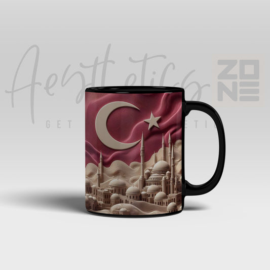 3D Crescent Moon & Mosque Art – Black Glossy Mug